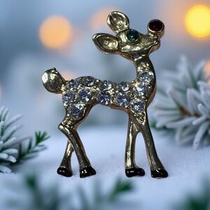 Vintage Eisenberg Ice Rhinestone Reindeer Brooch Gold Tone Holiday Christmas Pin